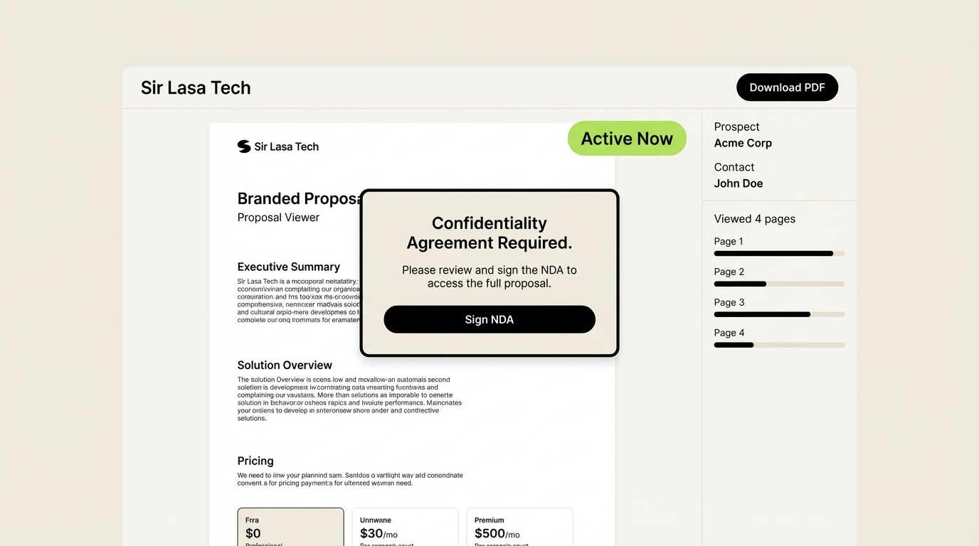 Branded proposal Document Workflow Software showing NDA gate, prospect activity feed, and engagement tracking